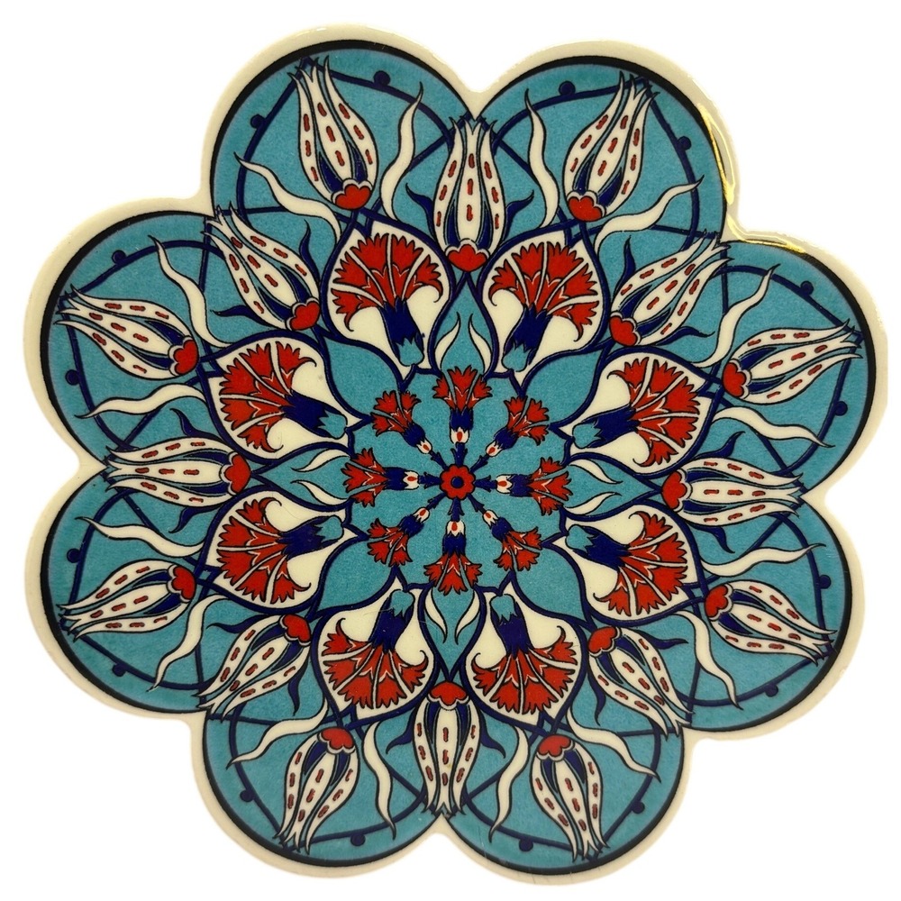 Turkish Ceramic Trivet Iznik Floral Tulip Mandala Scalloped Hot Plate Turkey